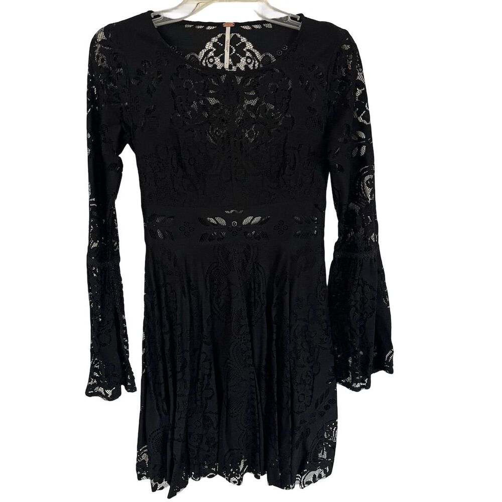 Free People Black Lace Bell Sleeve Dress Women's S Party Cocktail